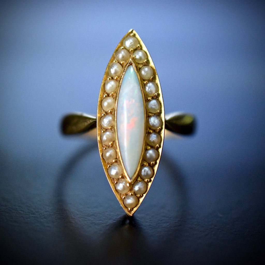 Antique 18ct Yellow Gold Opal And Seed Pearl Ring by George Dresden Circa 1915