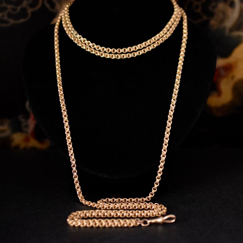 Antique Victorian 9ct Yellow/Rose Gold Muff / Long Chain ‘Rolo’ Link 142cm