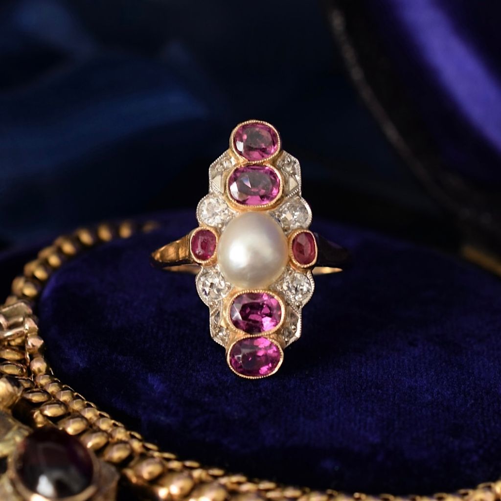 Antique 18ct Yellow Gold Belle Epoque Pearl, Diamond, Ruby, Amethyst Ring Circa 1900 Independent Valuation Included For $6500.00 AUD