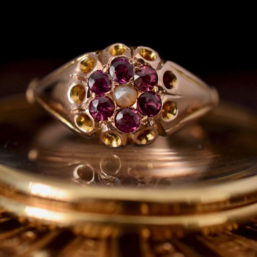 Antique Edwardian Garnet Seed Pearl 9ct Ring Hallmarked For Chester 1905