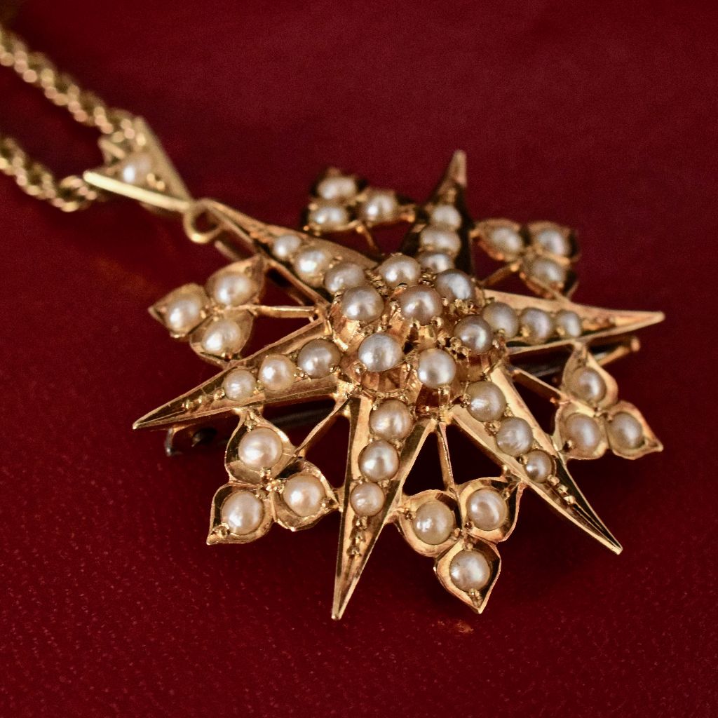Antique Australian 15ct Yellow Gold Seed Pearl Pendant/Brooch by Willis and Sons circa 1890