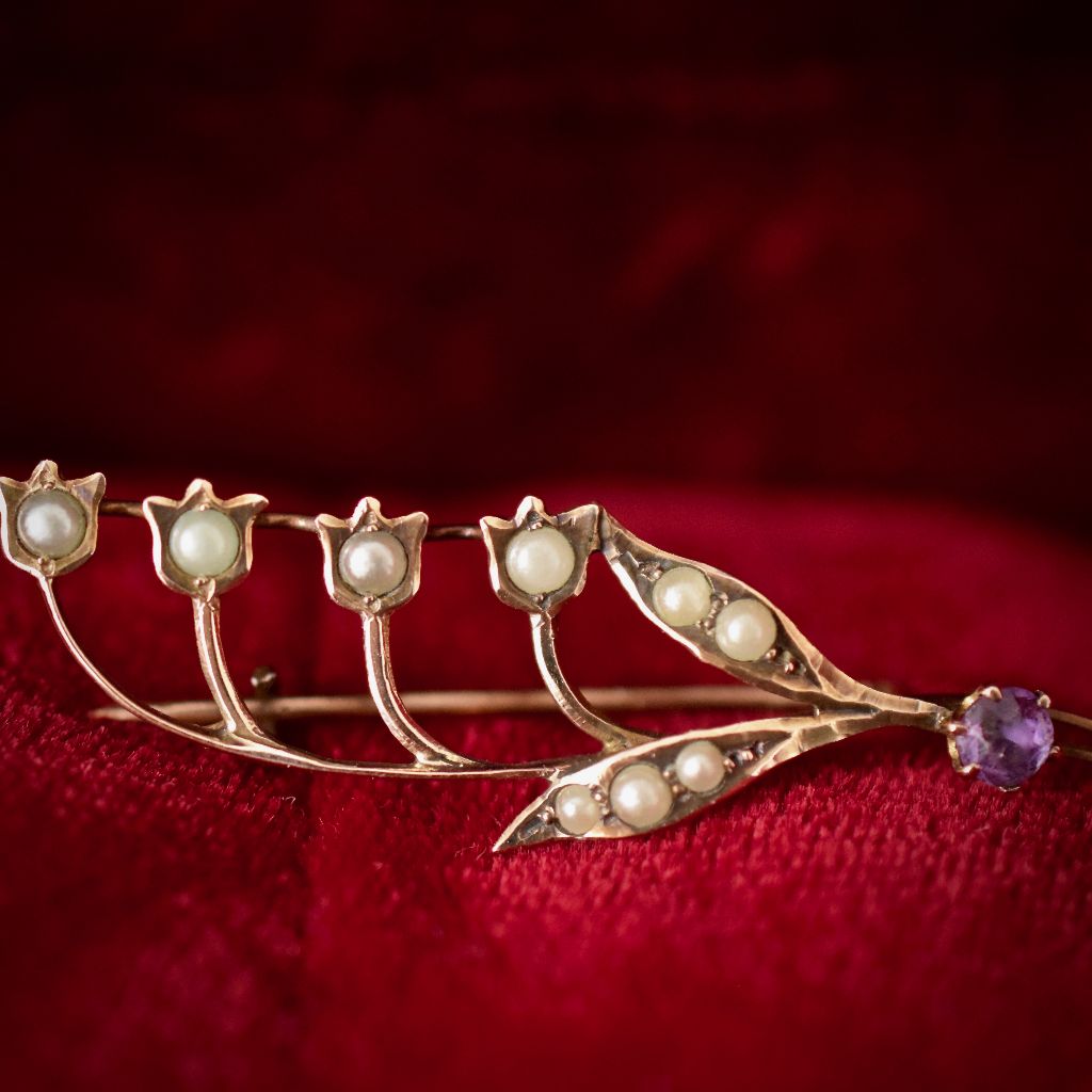 Antique Art Nouveau 9ct Amethyst Seed Pearl Brooch by Aronson & Co. Circa 1905