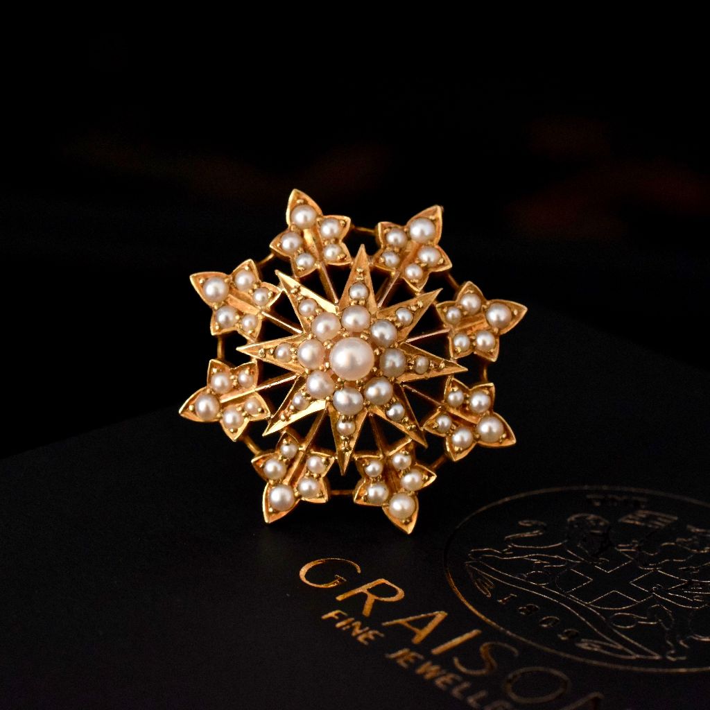 Antique Victorian 15ct Yellow Gold Half Pearl ‘Starburst’ Pendant/Brooch Circa 1900