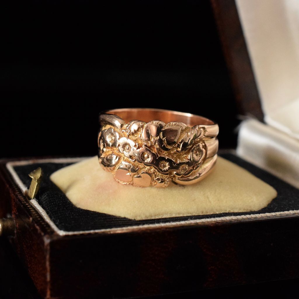 Superb Antique 18ct Yellow Gold Wide Floral Band Dated 1905