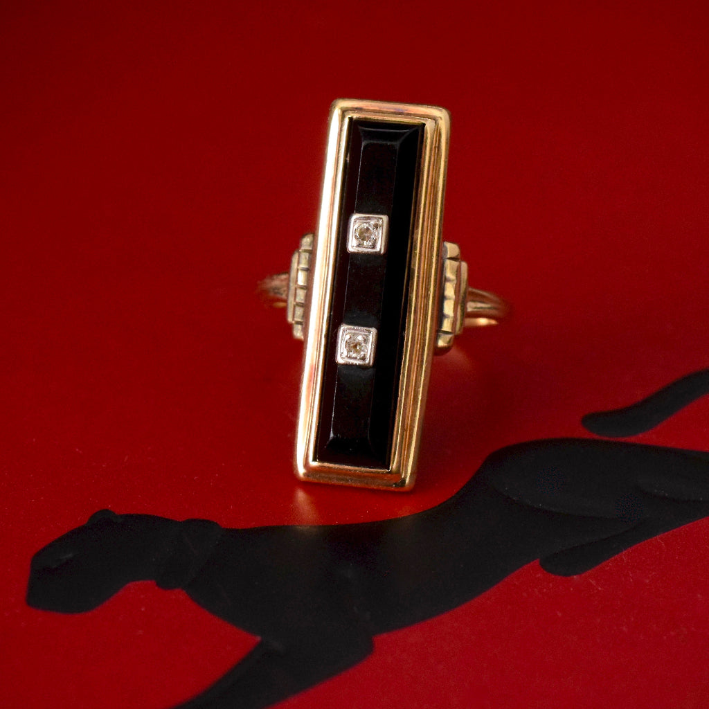 Antique Art Deco Onyx Diamond 10k Yellow Gold Ring Provenance 1931