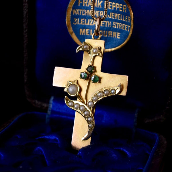 Antique 9ct Gold Seed Pearl Crucifix By Robert Rollason Circa 1900