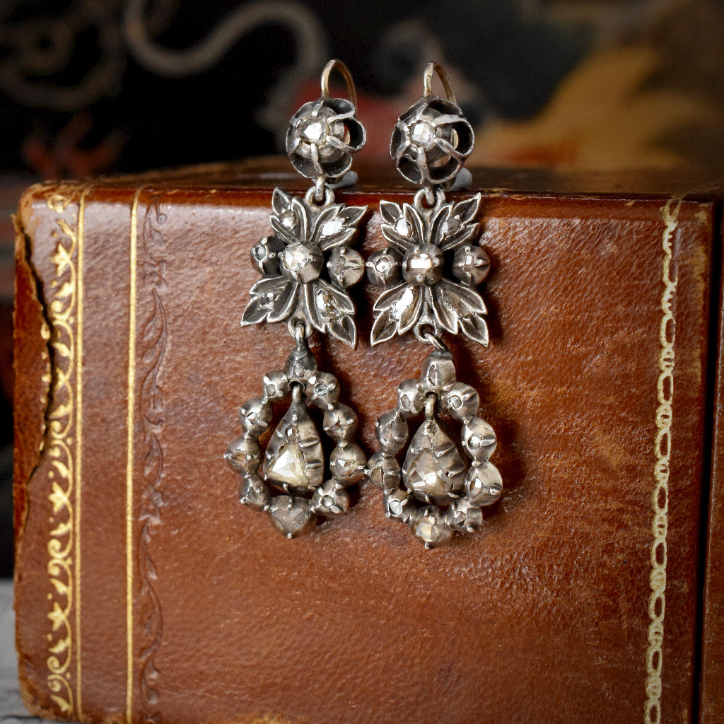 Antique Georgian Rose and Senaille Cut Diamond Drop Earrings Circa 1780