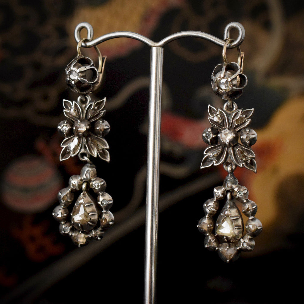 Antique Georgian Rose and Senaille Cut Diamond Drop Earrings Circa 1780
