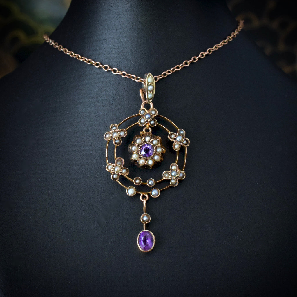 Antique Late Victorian / Early Edwardian Amethyst Seed Pearl 9ct Pendant