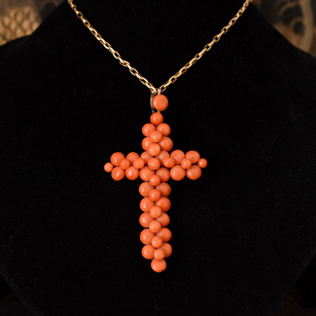 Antique Victorian Salmon Coral And Pinchbeck Cross Circa 1870