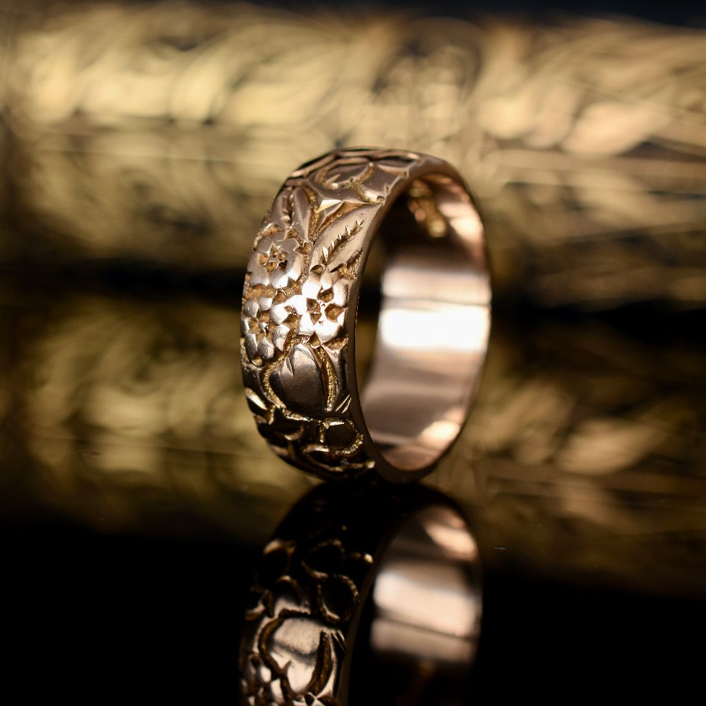 Antique 9ct Rose Gold Floral Engraved Ring by Robert Pringle & Sons Dated 1916