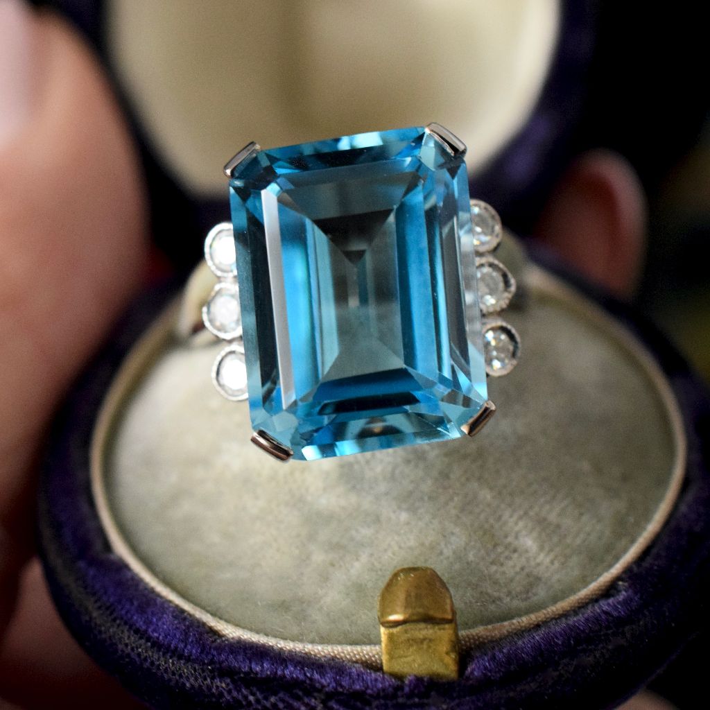Modern 9ct White Gold 15.49ct Swiss Blue Topaz Diamond Ring Valuation $3155.00