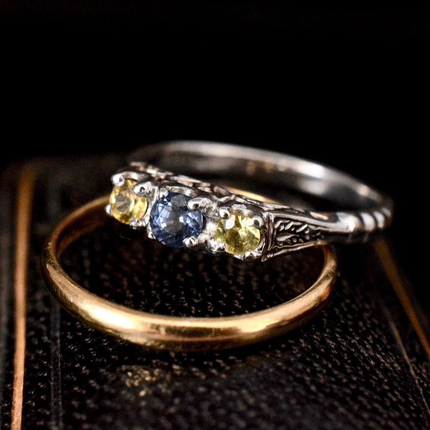 Antique 18ct White Gold Natural Yellow And Blue Sapphire Trilogy Ring