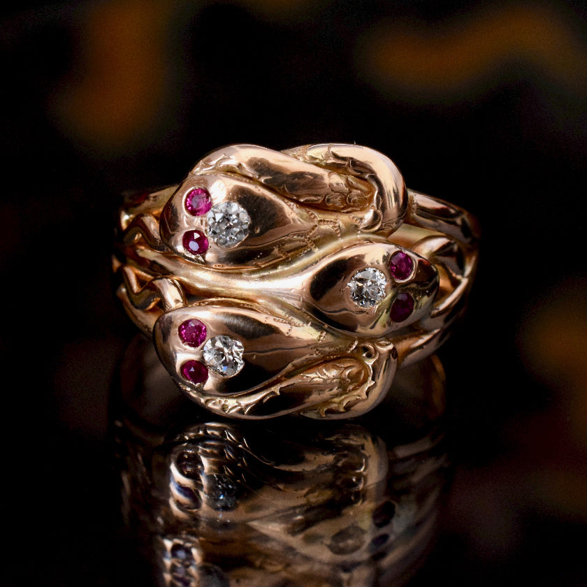Antique Late Victorian / Art Nouveau 14ct Rose Gold Rare Triple Snake Ring
