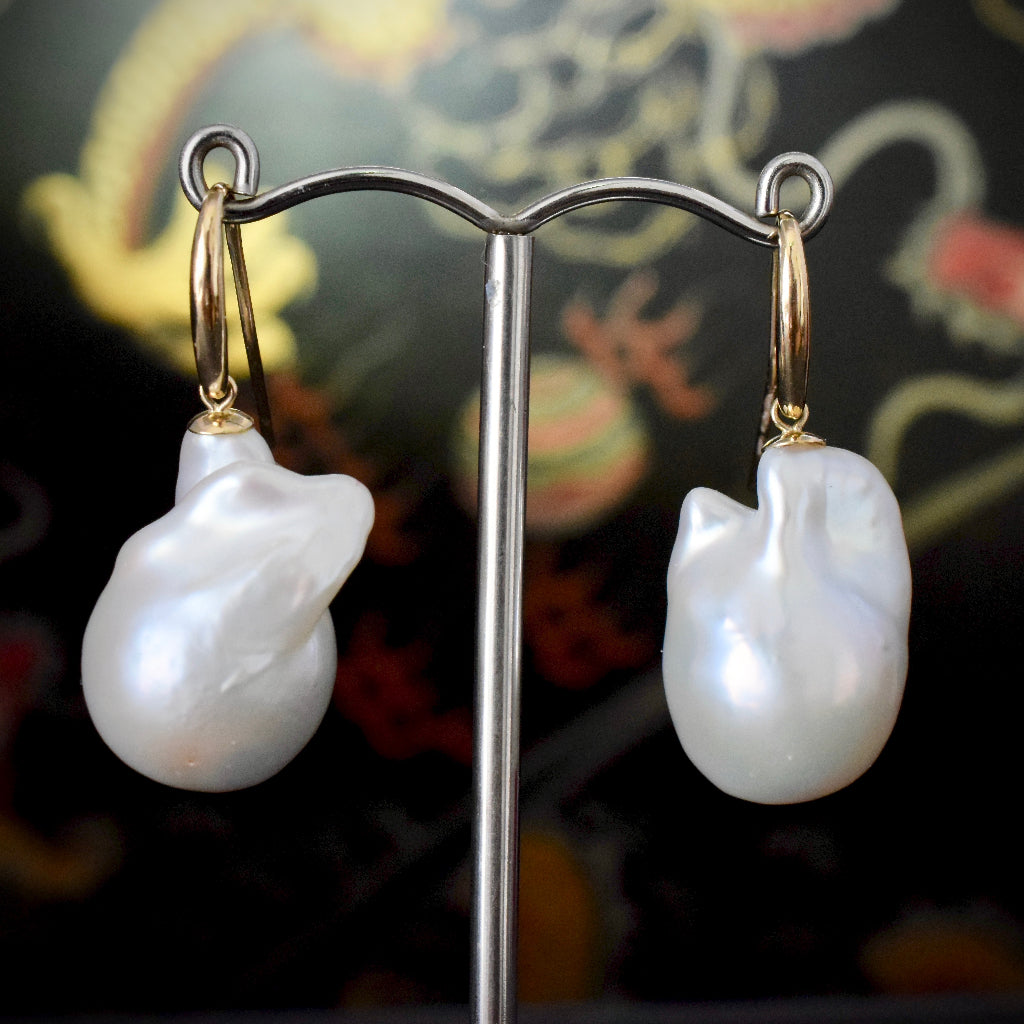 Very Large Modern Baroque Pearl 9ct Gold Earrings