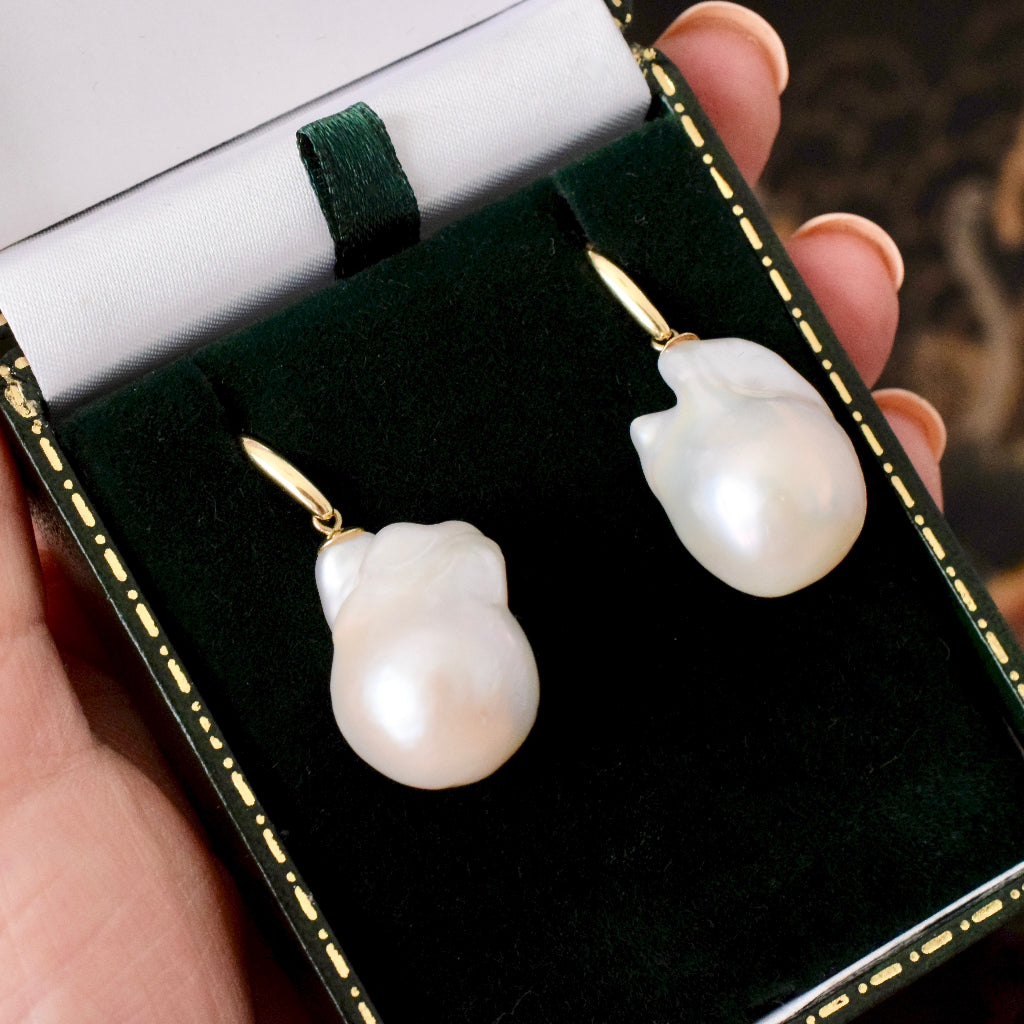 Very Large Modern Baroque Pearl 9ct Gold Earrings