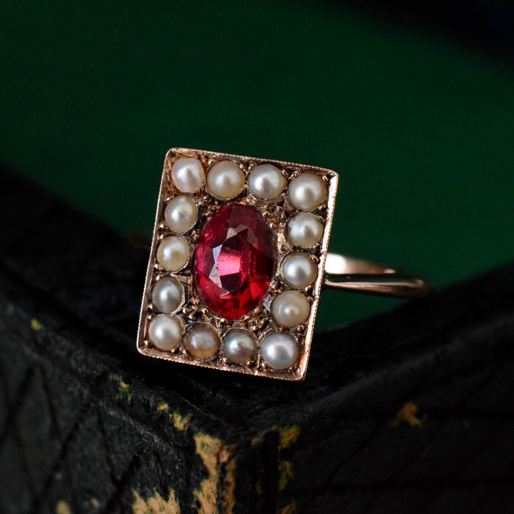 Edwardian 15ct Rose Gold Red Quartz Natural Seed Pearl Ring