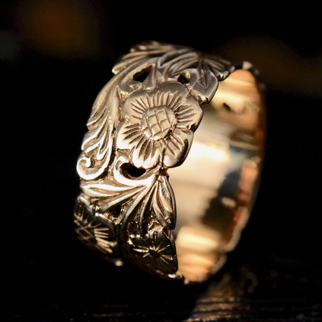 Antique Edwardian Wide Floral 9ct Yellow Gold Wedder/Band