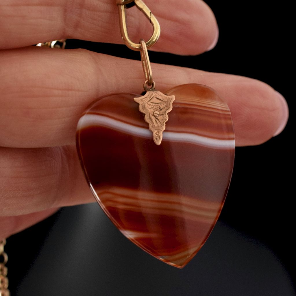 Victorian 9ct Rose Gold Carved Banded Agate Heart Pendant Circa 1890