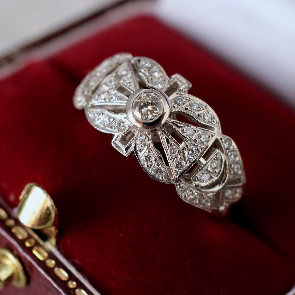 Vintage 18ct White Gold Diamond Art Deco Style Plaque Ring 7.45 Grams