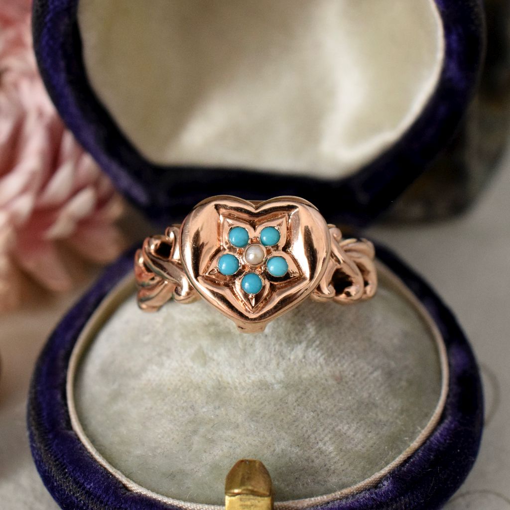 Modern / Vintage Heavy 9ct Gold Turquoise Seed Pearl Heart Locket Ring