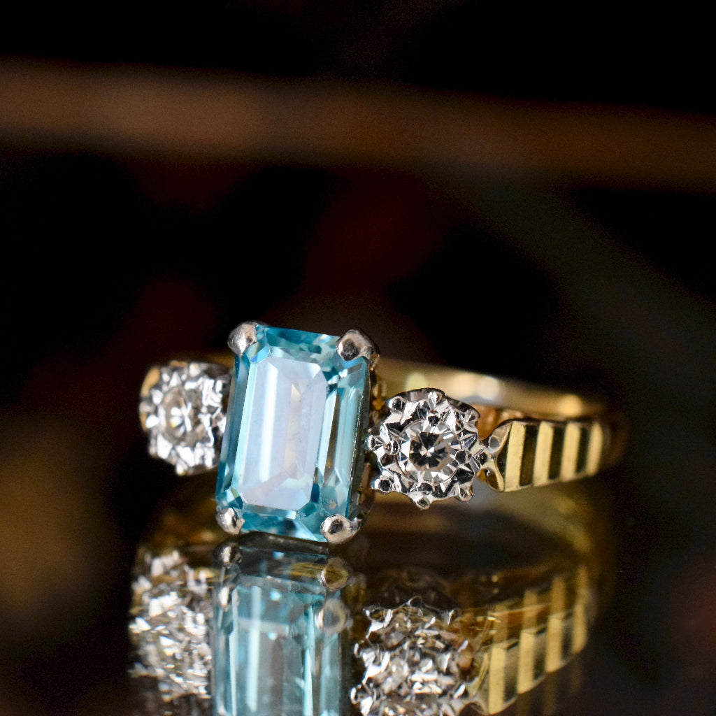 Late Art Deco Natural Blue Zircon And Diamond 18ct Yellow Gold Ring