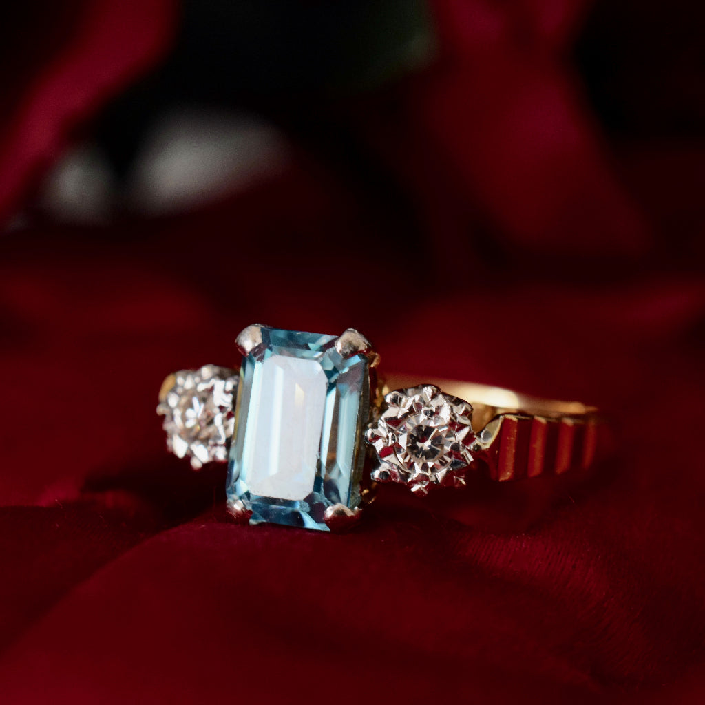 Late Art Deco Natural Blue Zircon And Diamond 18ct Yellow Gold Ring