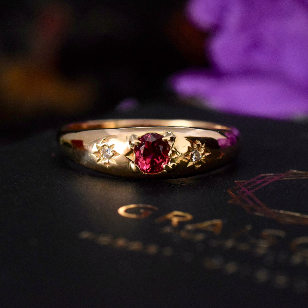 Vintage 18ct Yellow Gold Natural Ruby And Diamond Gypsy Ring