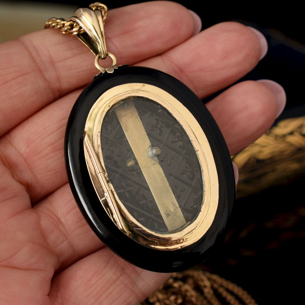 Victorian Mourning Locket Enamel, 15ct Gold, Silver, Seed Pearl, Turquoise circa 1890
