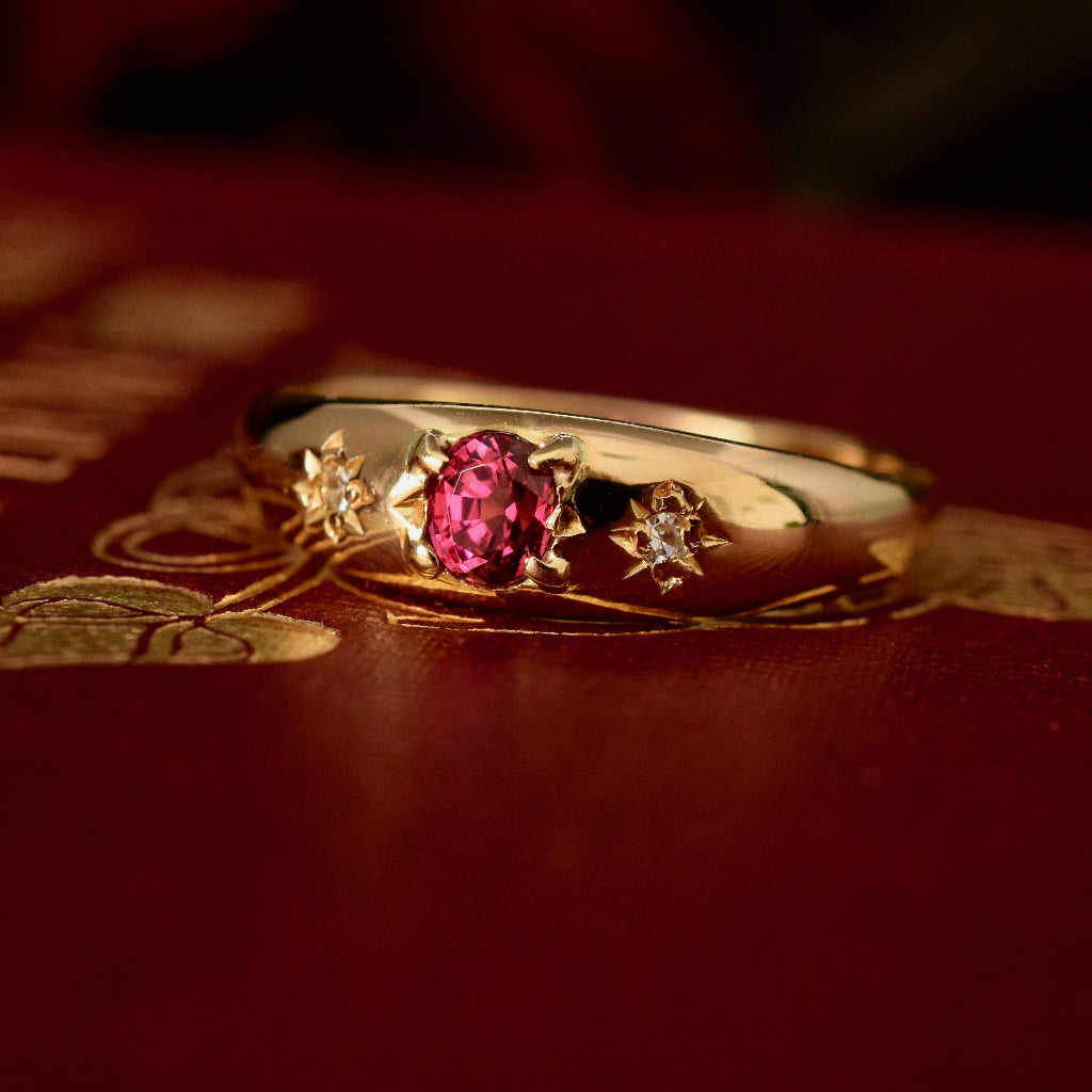 Vintage 18ct Yellow Gold Natural Ruby And Diamond Gypsy Ring
