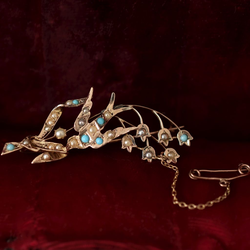 Antique 9ct Rose Gold Pearl Turquoise ‘Swallow’ Brooch by Willis and Sons Circa 1910