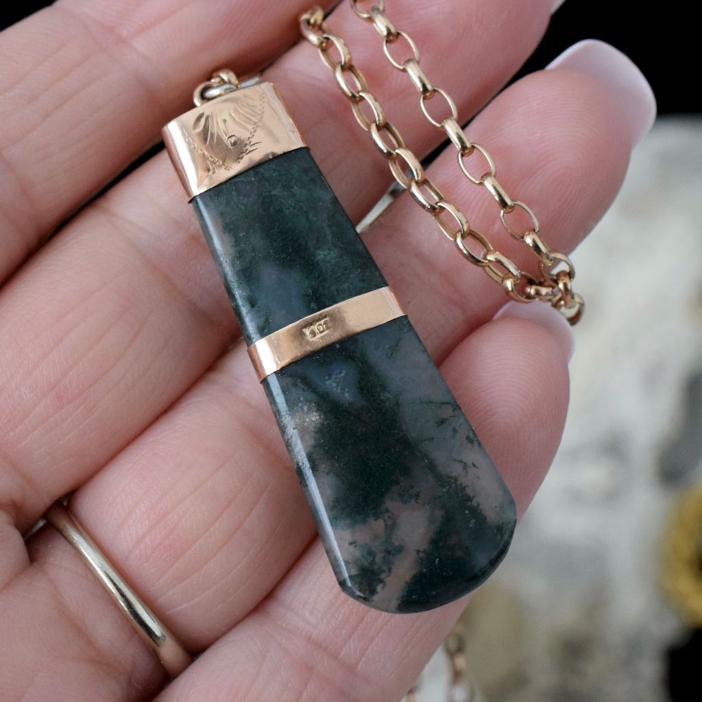 Antique Victorian Moss Agate 9ct Rose Gold Fob Pendant