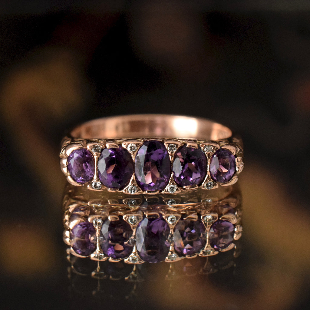 Vintage 9ct Rose Gold Amethyst And Diamond Five Stone Ring