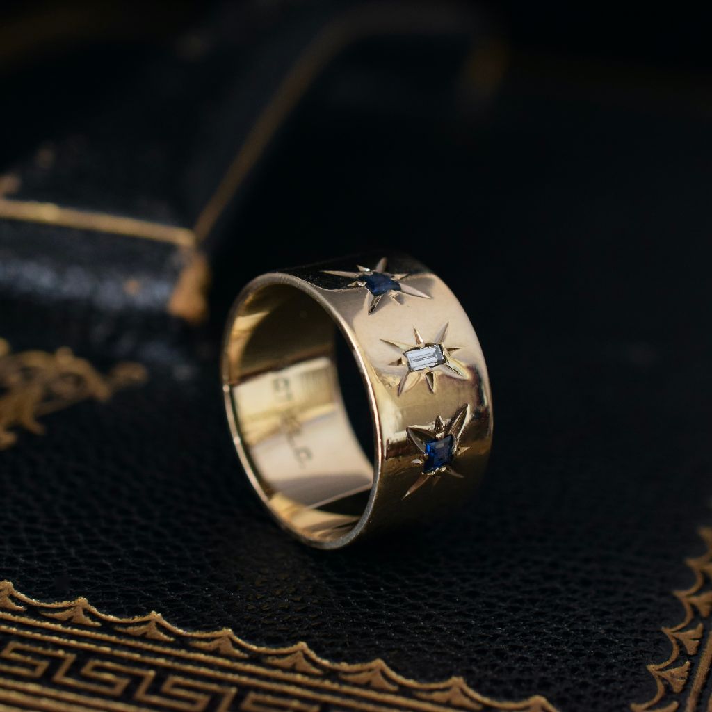 Vintage Wide Cigar Band Diamond Sapphire Ring