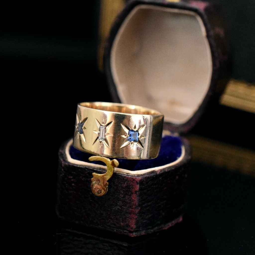 Vintage Wide Cigar Band Diamond Sapphire Ring