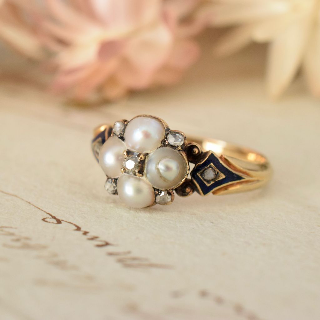 Victorian 18ct Gold Pearl Diamond Enamel Mourning Locket ring Circa 1865