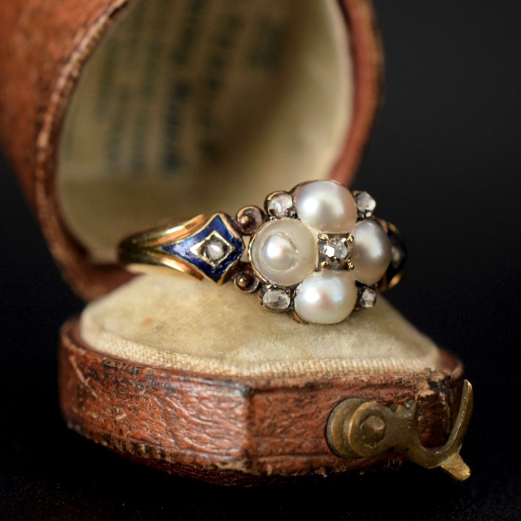 Victorian 18ct Gold Pearl Diamond Enamel Mourning Locket ring Circa 1865