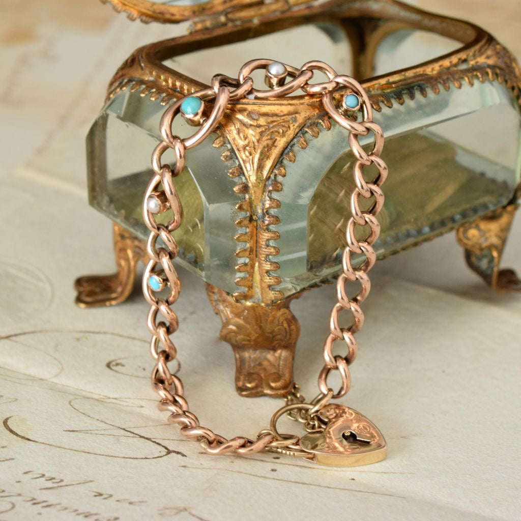 Antique Early Edwardian 9ct Rose Gold Turquoise Pearl Padlock Bracelet Circa 1905