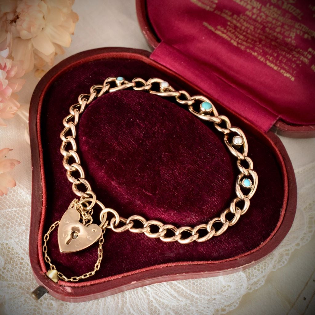 Antique Early Edwardian 9ct Rose Gold Turquoise Pearl Padlock Bracelet Circa 1905