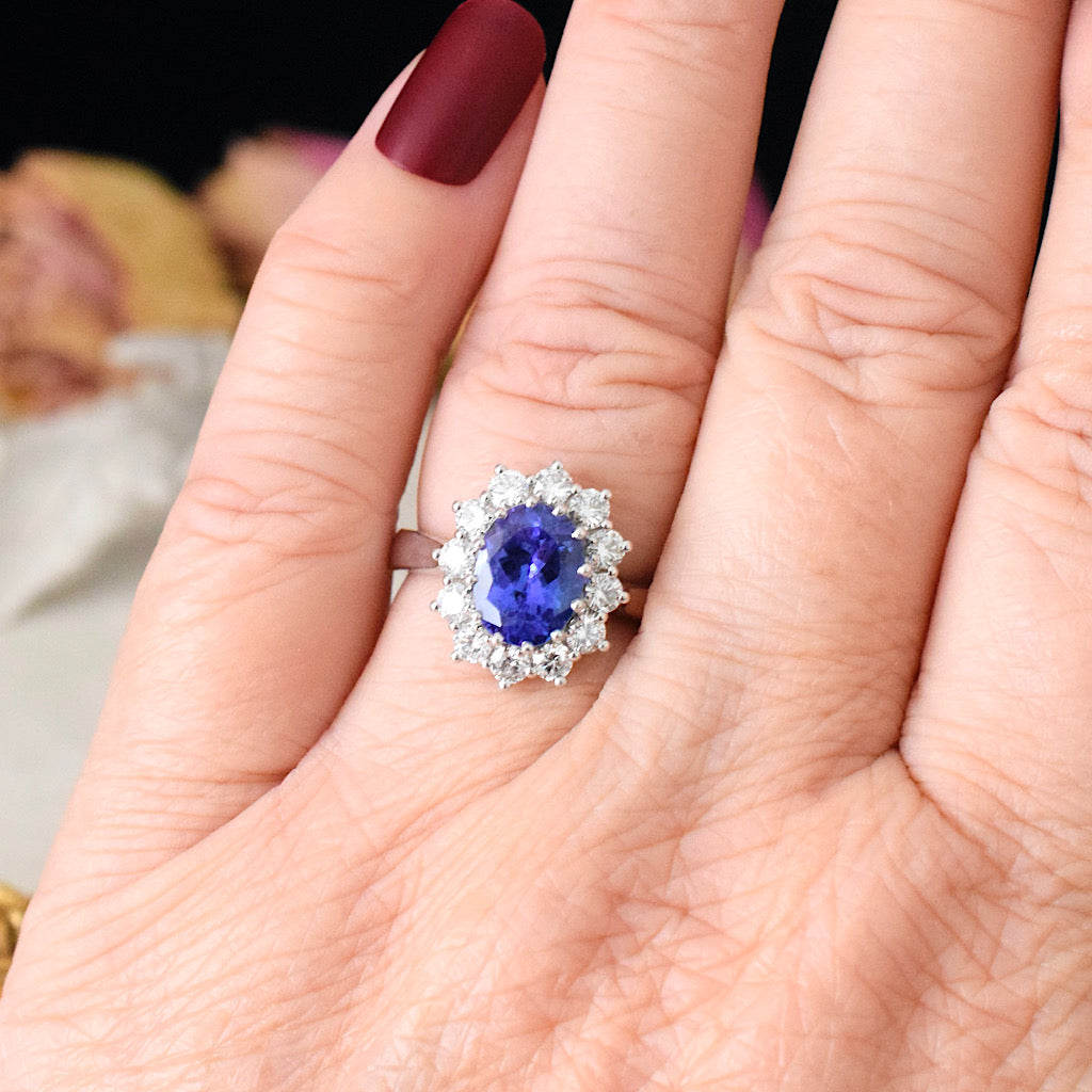 Modern Australian Made 18ct White Gold Tanzanite And Diamond Halo Ring Independent Insurance Replacement Valuation Included For 9,500 AUD