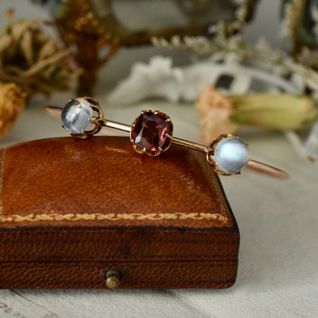 Antique Edwardian 9ct Rose Gold Garnet And Moonstone Bangle Circa 1910